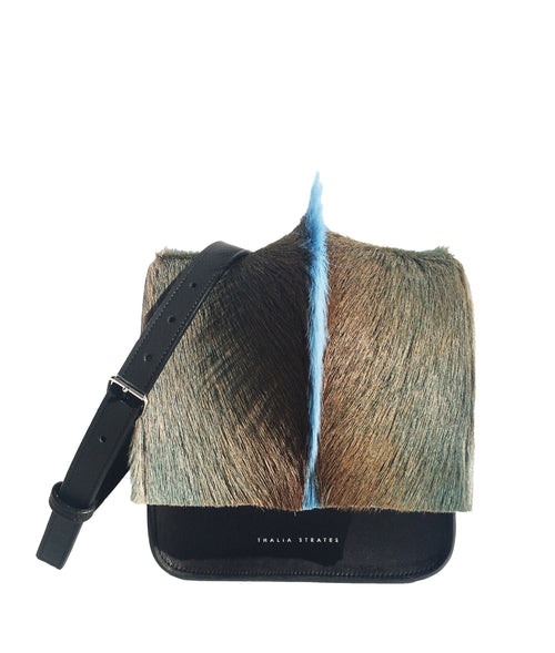 Iris Palma Bag in black leather and powder blue springbok mohawk